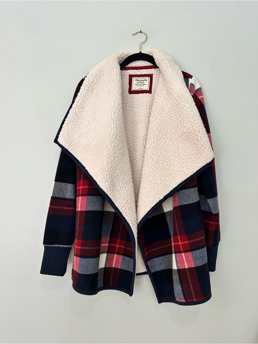 Abercrombie & Fitch Buffalo Plaid Sherpa Open Front Jacket Blue Red Comfy Large